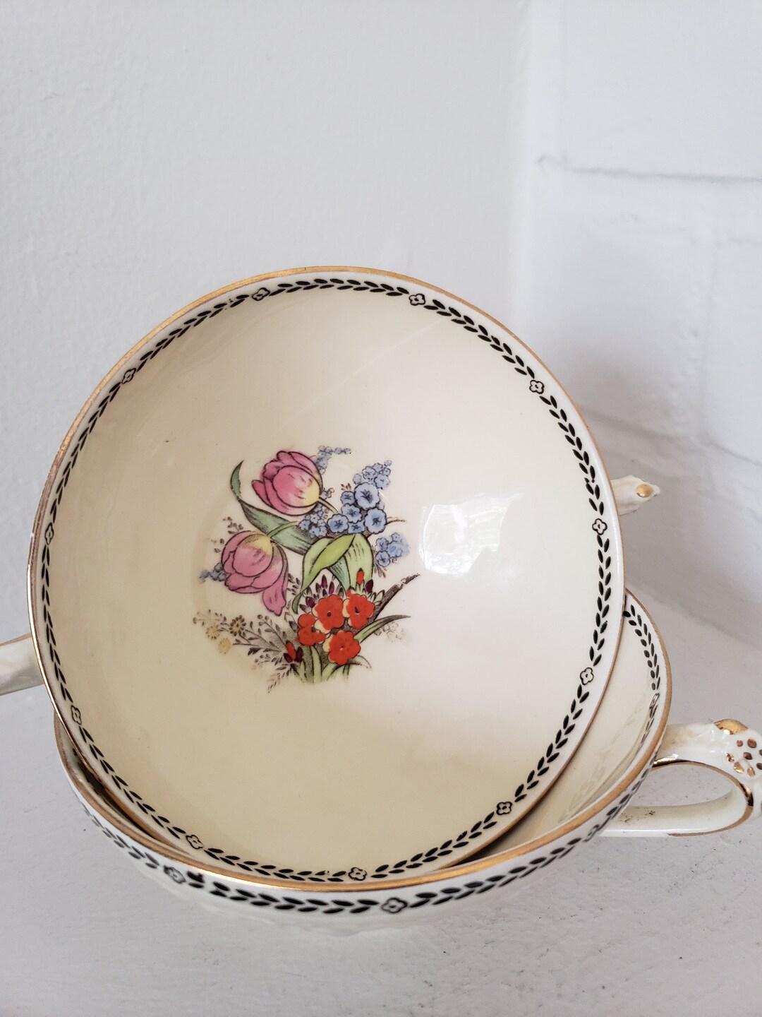 Vintage Double Handle Soup Bowl Cream Soup Bowl With Under Plate Crown