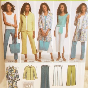 May include: Simplicity wardrobe elements sewing pattern. The pattern includes various outfit options, such as a white vest top, a yellow suit, a floral print coat, and different trousers and tops. Sizes available are 10, 12, 14, 16, and 18.