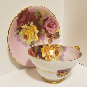 Tasse à thé Stanley rose avec de grandes roses jaunes roses de chou rouge service à thé rose shabby chic, décoration de ferme vintage services à thé de collection
