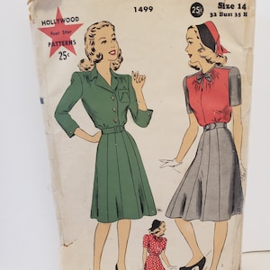 Vogue 9701: 1940s Uncut Misses WWII Dress 32 B Vintage