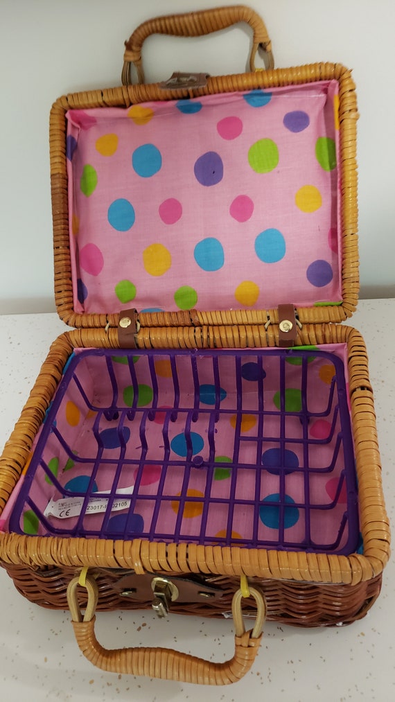 Vintage Wicker Picnic Basket Purse Polka Dot Interior… Gem