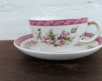 Adeline Italian Tea Cup and Saucer Set with Pink Roses and Gold Accent