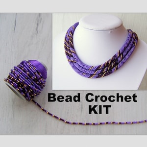 KIT Bead Crochet Necklace in Violet, Dark Purple and Gold -  Geometry Pattern Necklace Kit - DIY Crafts DIY Kit for Adults - Seed beads kit