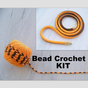Può includere: Un kit di uncinetto per perline per realizzare una collana. Il kit comprende perline arancioni e nere, un rocchetto di filo e un esempio finito della collana.