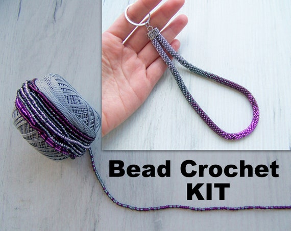 Colorful Beadwork Keychain Kit Bead Rochet Wristlet Keychain Kit Ombre  Black Purple Violet Keychain Kit Seed Beads Keychain Kit 