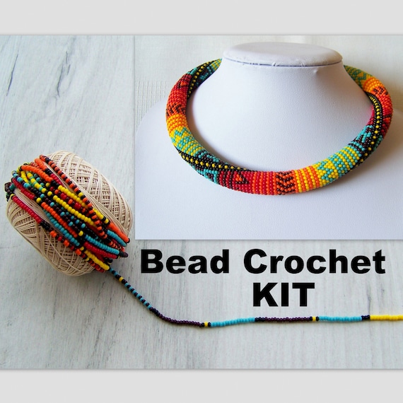 Bead Crochet Kit - DIY Crafts DIY Kit for Adults - Summer Multicolor Patchwork Pattern Necklace Kit - Seed Beads Kit - Jewelry Making Kit