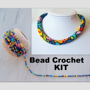 DIY Crafts DIY Kit for Adults - Colorful Bead Crochet Kit - Summer Multicolor Geometric Pattern Necklace Kit - Seed Beads Jewelry Making Kit