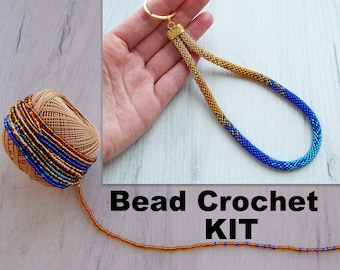 Beaded wristlet keychain kit - woman bead crochet keychain kit - Ombre style gold blue keychain kit - DIY keychain kit