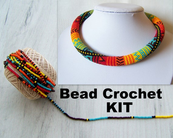 Bead Crochet Kit DIY Crafts DIY Kit for Adults Summer Multicolor Patchwork  Pattern Necklace Kit Seed Beads Kit Jewelry Making Kit 