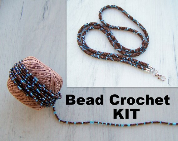 Bead Crochet Kit in Brown and Blue Bead Crochet Lanyard Making