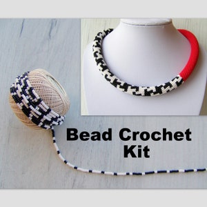 Bead Crochet Necklace Kit - White, Black and Red Modern Pattern Necklace Kit - Seed Beads Kit - DIY Crafts DIY Kit for Adults