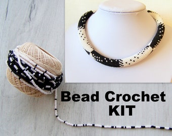 DIY Crafts DIY Kit for Adults - Bead Crochet Kit - Classic white and black geometry necklace KIT - Jewelry Making Kit - Seed Beads Kit