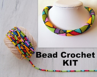 DIY Crafts DIY Kit for Adults - Bead Crochet Kit - Summer Multicolor Geometric Pattern Necklace Kit - Seed Beads Kit - Jewelry Making Kit