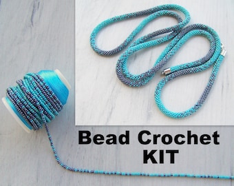 Kit de ganchillo de cuentas en turquesa y hematita - Kit de patrón de fabricación de collares de ganchillo de cuentas - Kit de collar de cuerda con cuentas - Kit de collar largo