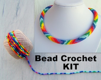 DIY Crafts DIY Kit for Adults - Bead Crochet Kit - Summer Rainbow Geometric Pattern Necklace Kit - Seed Beads Kit - Jewelry Making Kit