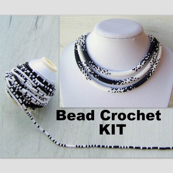 Ombre White and Black Necklace Kit - Bead crochet long Necklace Kit - Seed Beads Necklace Kit - Beadwork Kit - Very Long Necklace KIT