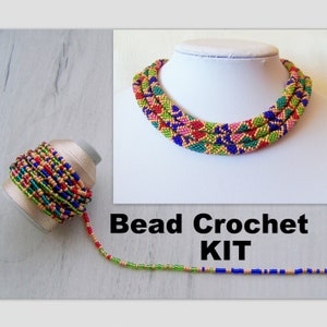 Bead Crochet Kit - Jewelry Making Kit - Colorful Geometry Patchwork Pattern Necklace Kit - DIY Crafts DIY Kit for Adults - Seed Beads Kit