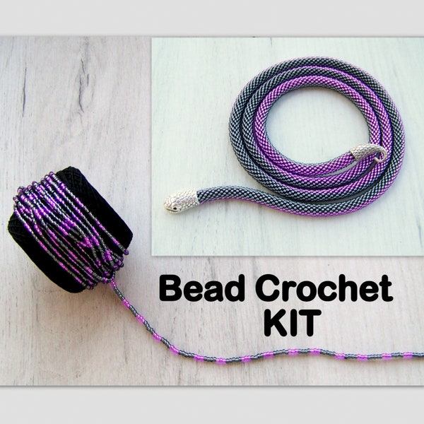 Bead crochet long Serpent Necklace Kit - Snake Necklace Kit - Seed Bead Kit in Shiny Black and Violet - Beadwork serpent necklace Kit