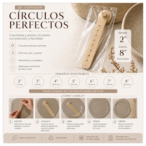 May include: A wooden circle cutter set, packaged in clear plastic, with the text "CÍRCULOS PERFECTOS". The cutter creates circular bases and pieces. Sizes range from 2 inches (5.1 cm) to 8 inches (20.3 cm).