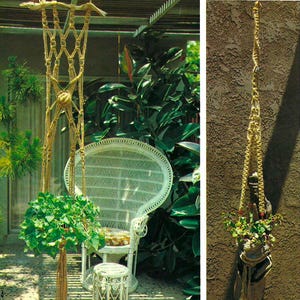 Puede incluir: Una colección de colgadores de plantas de macramé hechos a mano y una silla colgante. Los colgadores de plantas de macramé están hechos de cuerda de color natural y sostienen varias plantas y un terrario de vidrio. La silla es de mimbre blanco.