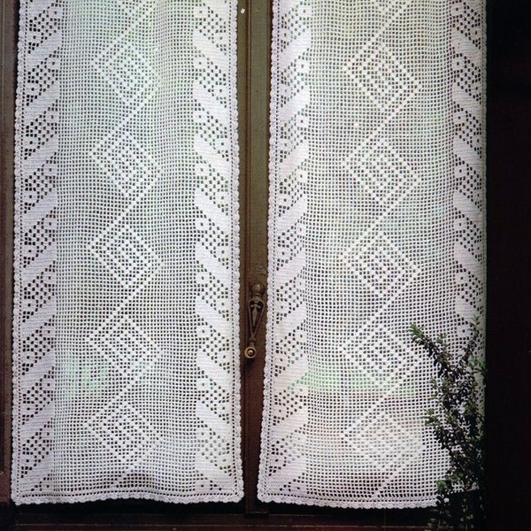 Tamaño del patrón de crochet para cortinas de filete: 20 pulgadas de ancho x 58 pulgadas de largo Patrón de crochet vintage estilo cocina campestre - Gráfico n.° A469*