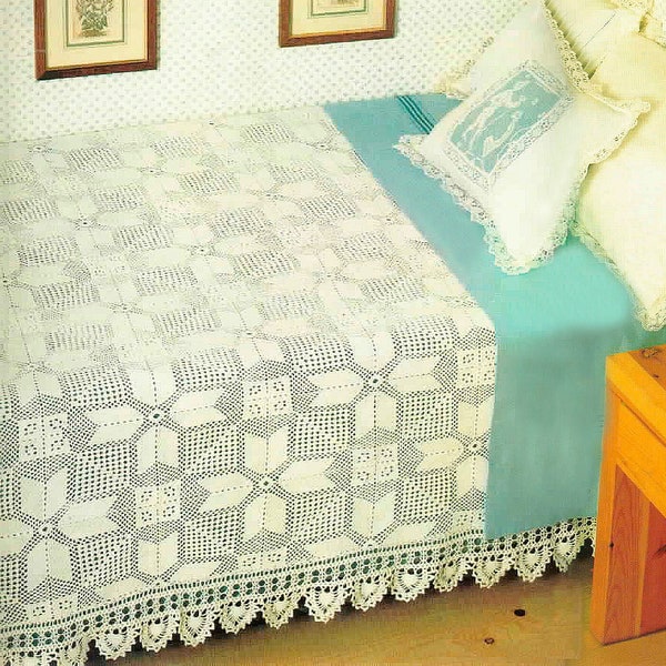 Filet lace bedspread crochet pattern Size: 108 x 93 ins 274 x 236 cm Lace edged bed cover vintage crochet pattern – Chart PDF #S132*