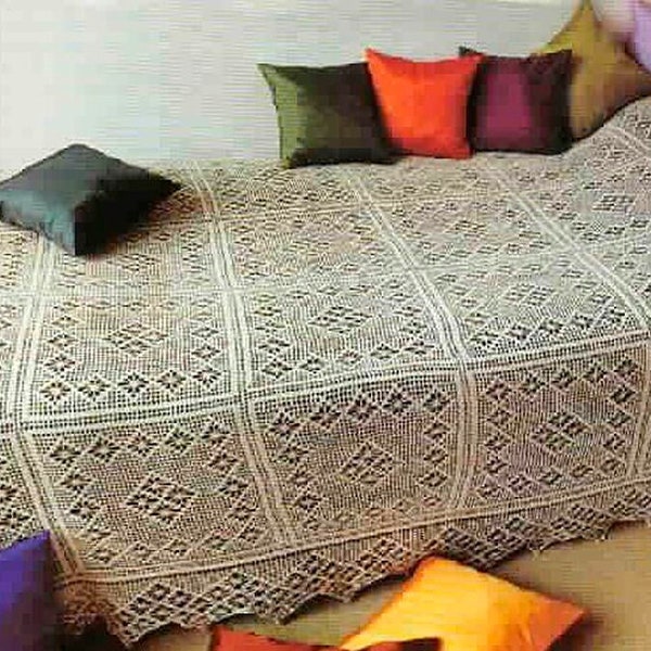 Filet bedspread crochet pattern Crochet lace square motifs Bed cover Blanket Throw vintage crochet pattern - Chart Digital download #A614*