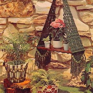 May include: Image of a macrame plant shelf and planters against a stone wall. The shelf is suspended by a rope and holds potted plants. The planters are decorated with macrame. The text "MACRAME Magic" is at the top.