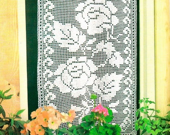 Crochet Pattern Filet Lace Curtain Country Cottage Kitchen Style|Size: 40 x 108 cm (16 x 42.5 in)| PDF Vintage Crochet Pattern–Chart # C987*