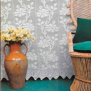 Filet crochet lace curtains vintage crochet pattern Size: 54 x 64 ins Floral zigzag border curtains crochet pattern – Chart #C940*