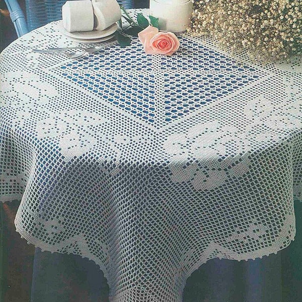 Filet lace tablecloth crochet pattern Size: about 38 ins Square floral roses table cover vintage crochet pattern – Chart PDF download #S54*