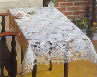 Filet lace tablecloth crochet pattern Size: 119 by 97 cm Floral table cover Roses table cloth vintage crochet pattern – Chart #S174*