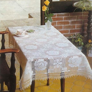 Filet lace tablecloth crochet pattern Size: 119 by 97 cm Floral table cover Roses table cloth vintage crochet pattern – Chart #S174*