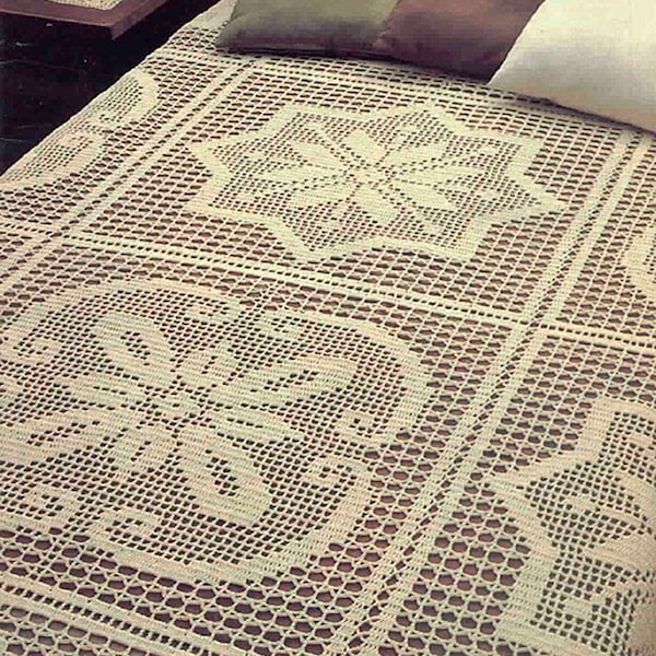 Filet bedspread crochet pattern Size: 94 x 70 ins Patchwork lace bed cover Geometric ornament throw Vintage crochet pattern – Chart #S74*