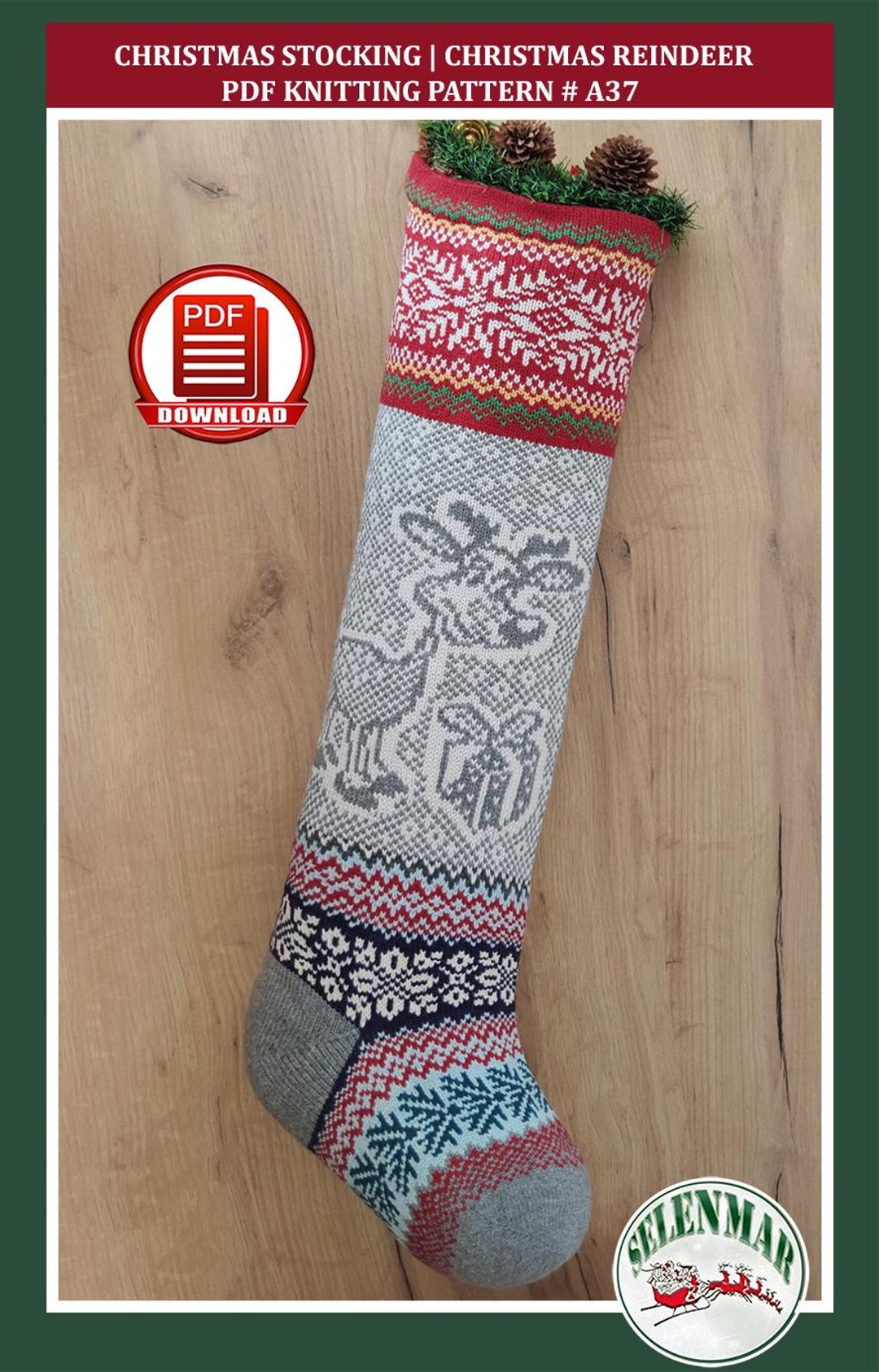 Reindeer Stocking Knitting Pattern Nordic Fair Isle Large Xmas Sock DIY ...