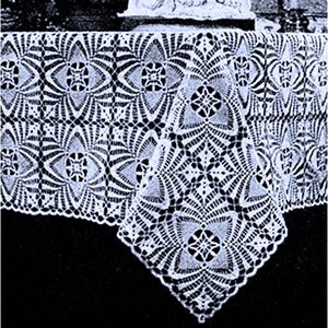 Peut inclure: Nappe en dentelle blanche avec un motif floral détaillé. Le design complexe présente des formes géométriques répétitives et un bord festonné. La nappe est drapée sur une table, mettant en valeur sa texture délicate et son savoir-faire.