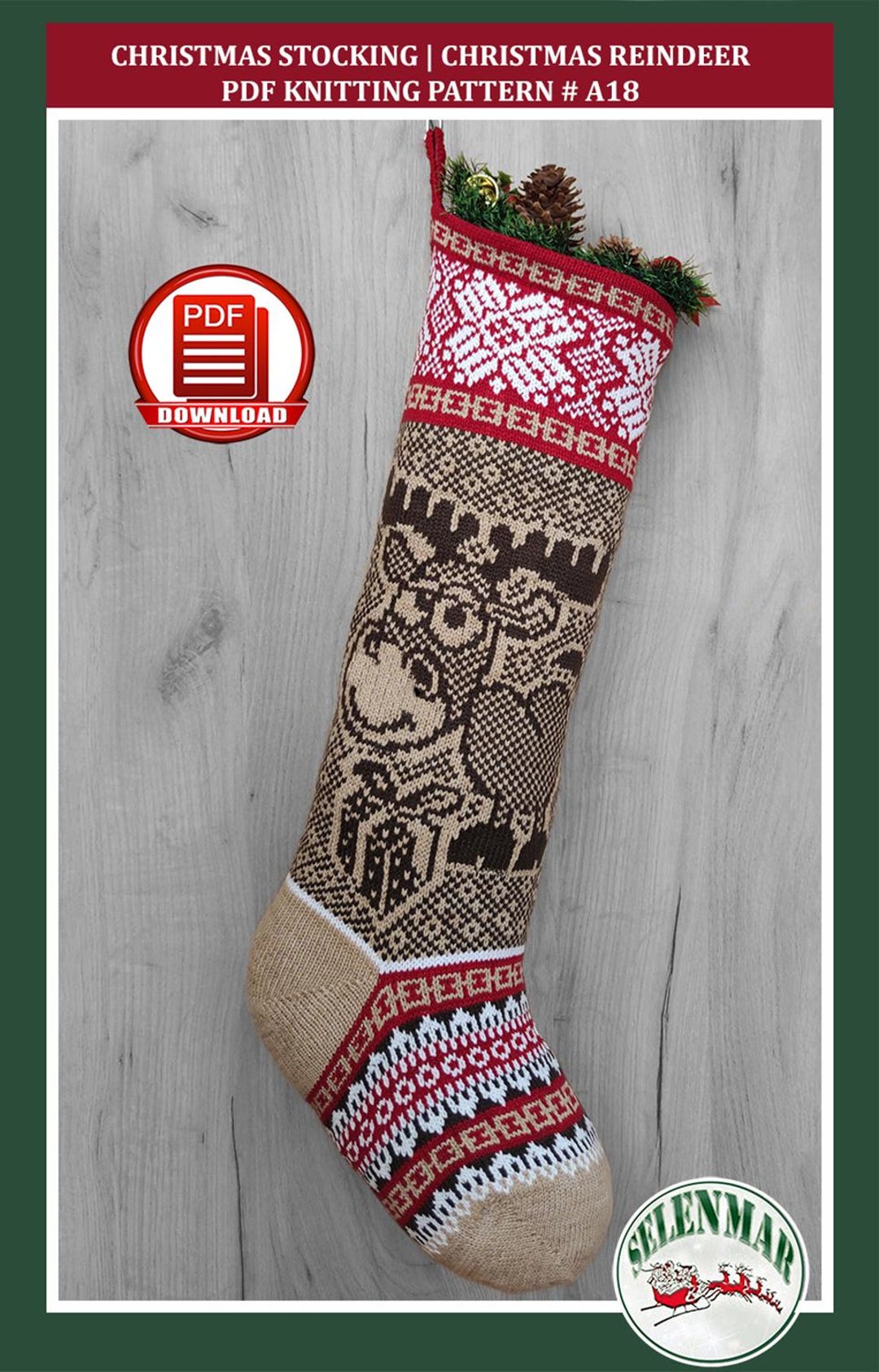 Knit Deer Christmas Stocking Pattern Scandinavian Fair Isle Large ...