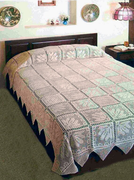Filet Crochet Bedspread Vintage Pattern Size 262 X 182 Cm Etsy