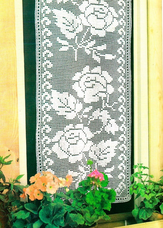 Crochet Pattern Filet Lace Curtain Country Cottage Kitchen Style