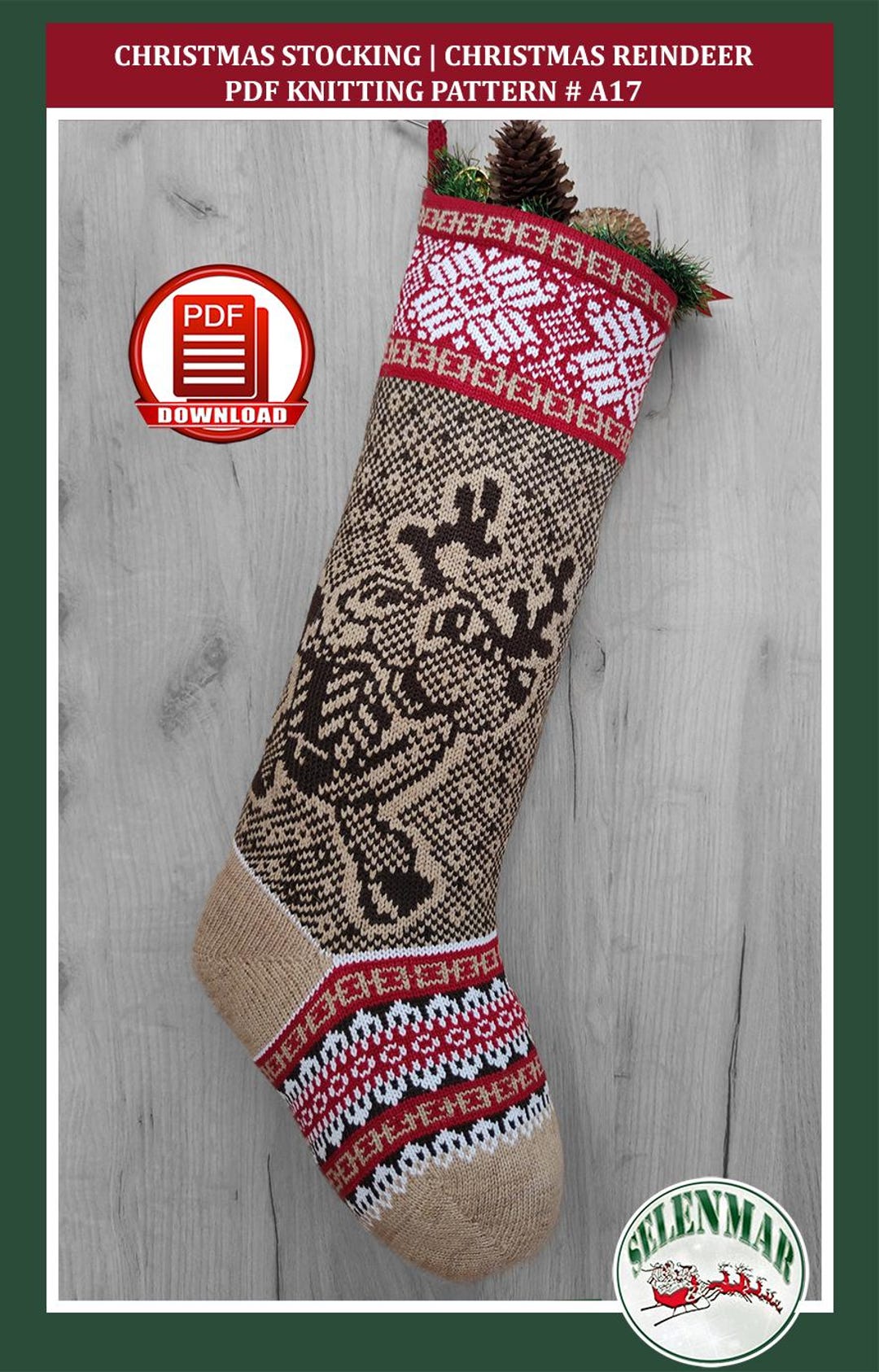 Knit Christmas Reindeer Stocking Pattern Deer Stocking Large Fair Isle ...