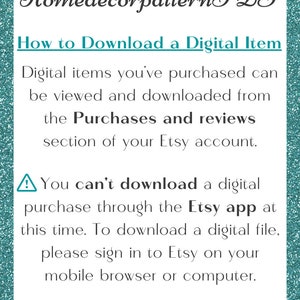 Puede incluir: Un fondo azul turquesa con texto blanco que explica c&oacute;mo descargar un art&iacute;culo digital comprado en Etsy. El texto dice "Los art&iacute;culos digitales que has comprado se pueden ver y descargar desde la secci&oacute;n Compras y rese&ntilde;as de tu cuenta de Etsy. No puedes descargar una compra digital a trav&eacute;s de la aplicaci&oacute;n de Etsy en este momento. Para descargar un archivo digital, inicia sesi&oacute;n en Etsy en tu navegador m&oacute;vil o computadora."