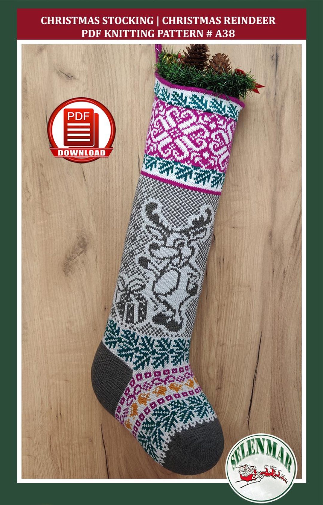 Christmas Reindeer Knitting Stocking Pattern Scandinavian Fair Isle ...