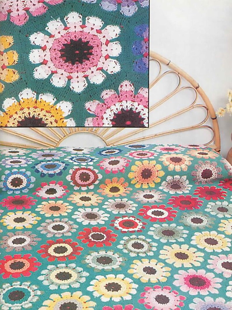 Vintage Floral Bedspread Crochet Pattern Granny Hexagons Blanket Flower ...