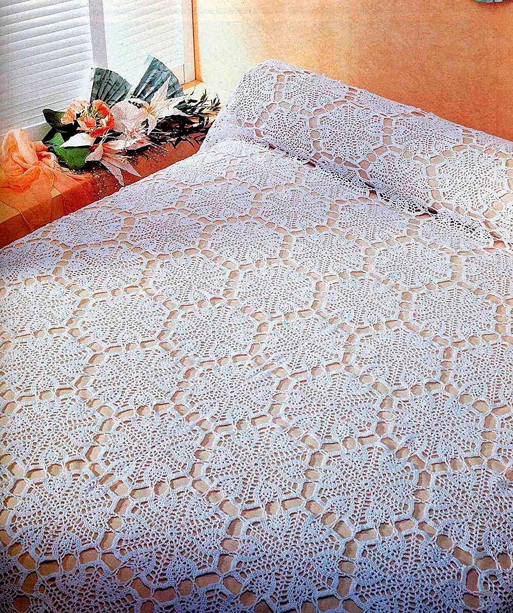 Lace Hexagon Motif Bedspread Crochet Pattern Size: 86x103 Ins 218x262 ...