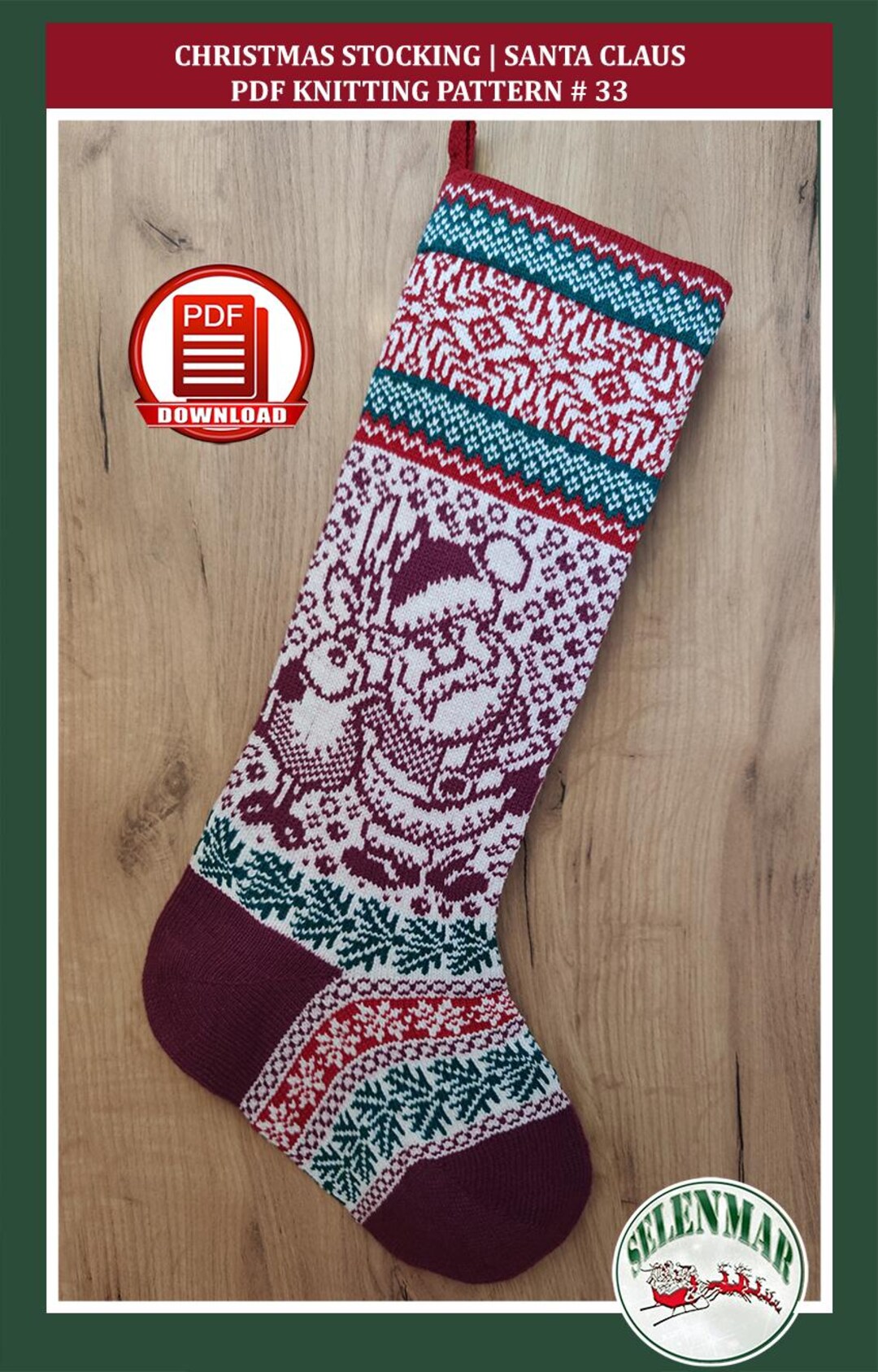 Knit Santa Stocking Pattern Christmas Sock Santa Clause Reindeer Fair ...