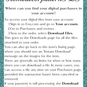Puede incluir: Un fondo turquesa con texto blanco que explica c&oacute;mo encontrar las compras digitales en Etsy.com. El texto incluye las frases "Tu cuenta", "Descargar archivos" y "Descarga instant&aacute;nea".