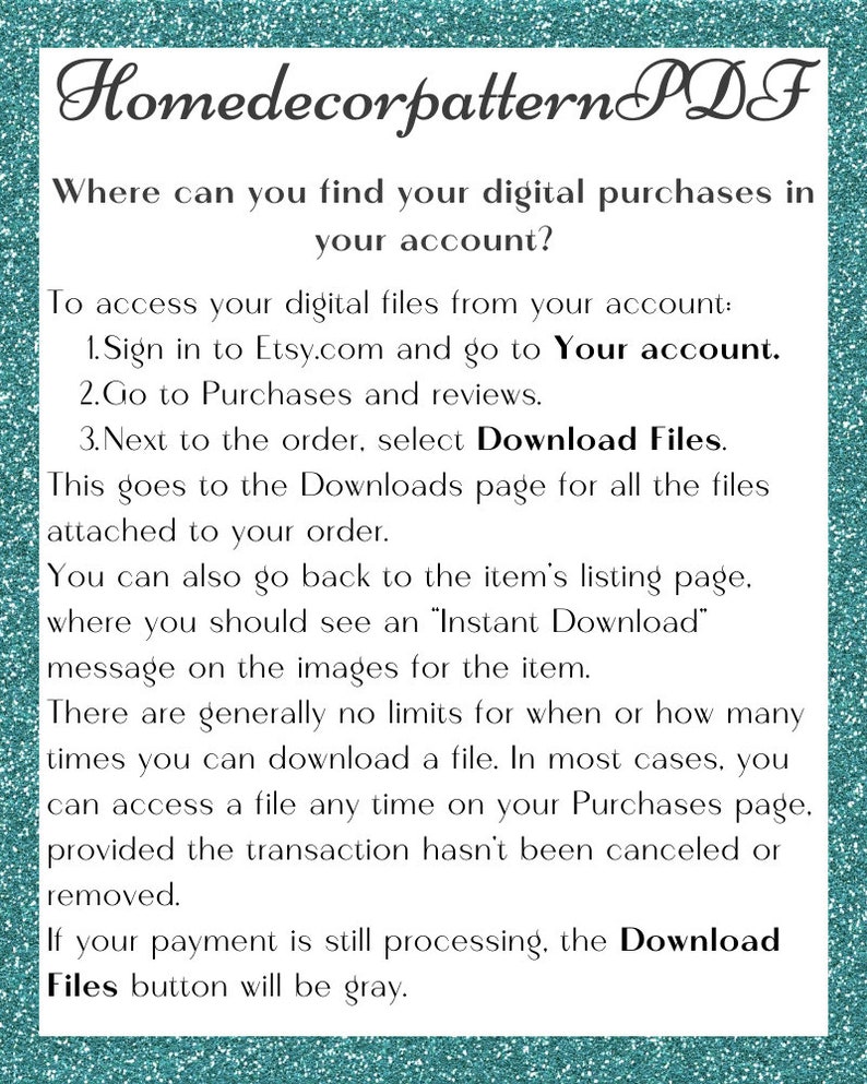 Puede incluir: Un fondo turquesa con texto blanco que explica c&oacute;mo encontrar las compras digitales en Etsy.com. El texto incluye las frases "Tu cuenta", "Descargar archivos" y "Descarga instant&aacute;nea".