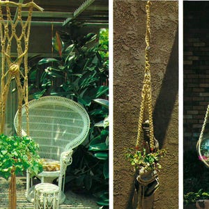 Op de afbeelding: Drie beige macramé plantenhangers met ingewikkelde knooppatronen. Eén hanger ondersteunt een groene bladplant, een andere houdt een kleine potplant vast en de derde omsluit een glazen bolvormig terrarium met groene planten.