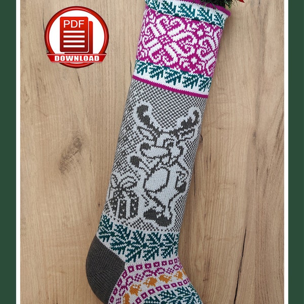 Reindeer knitting stocking pattern Scandinavian fair isle large Christmas stocking Santa sock DIY deer lovers gift Holiday home decor #A38