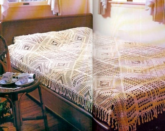 Vintage Filet Lace Bedspread Crochet Pattern Fringed Throw Size: 232 x 160 cm – Chart #S454*